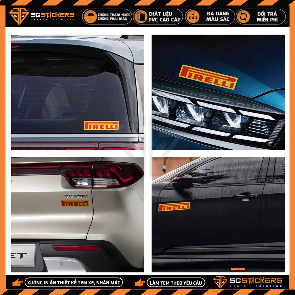 Sticker Ô Tô Thiết Kế Pirelli | STOT-03 | Tem Dán Xe Oto Xe Hơi Sườn Tay Cầm Đèn Kính Lái Cản Sau Chống Nước Bền Màu