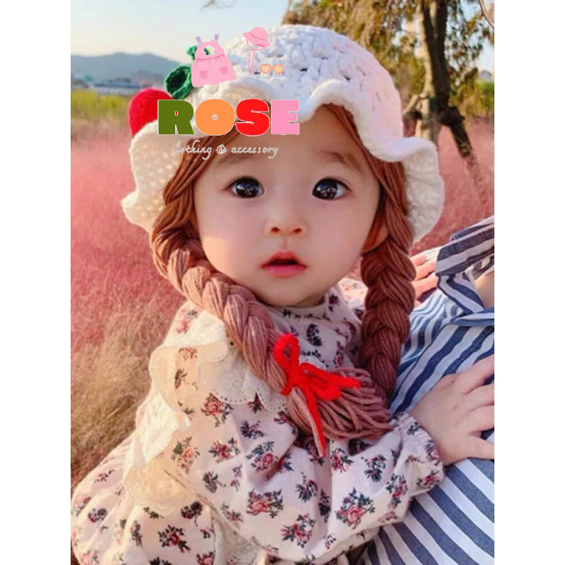 Mũ len tóc dài, mũ trắng đính hoa, nơ cho bé