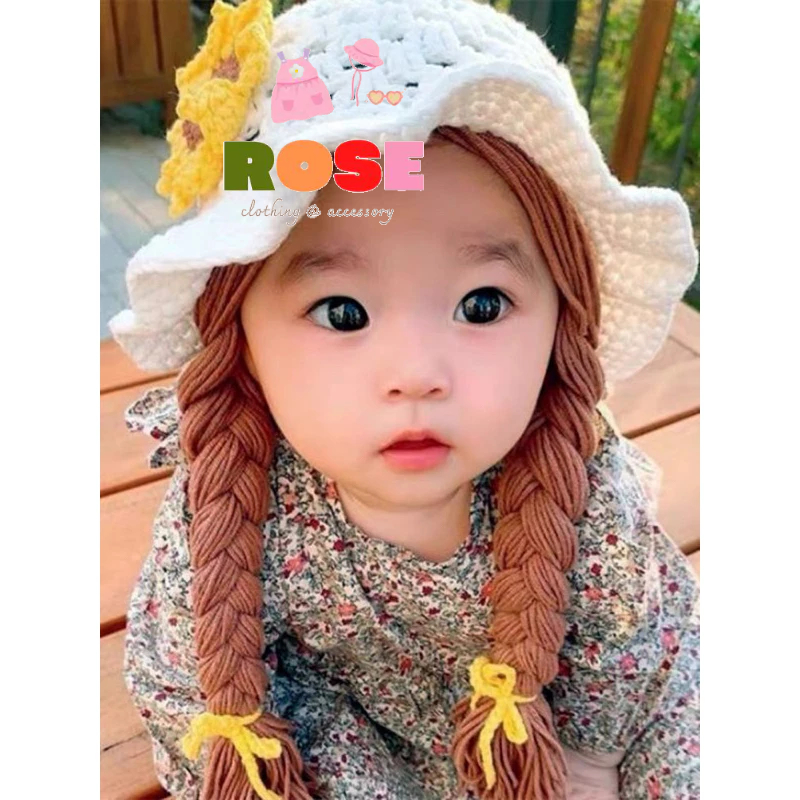 Mũ len tóc dài, mũ trắng đính hoa, nơ cho bé