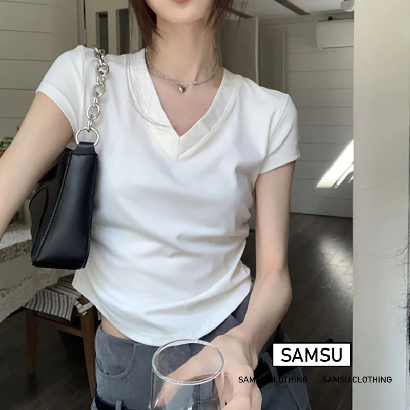 Áo thun nữ tay ngắn cổ chữ V vạt bầu phong cách Hàn Quốc Samsu.clothing_Saigon
