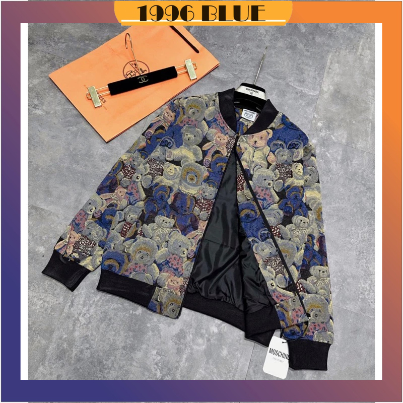 Áo khoác nam nữ vải gấm dệt gấu hàng quảng châu, Áo khoác bomber nam nữ phong cách hàn quốc - 1996blue