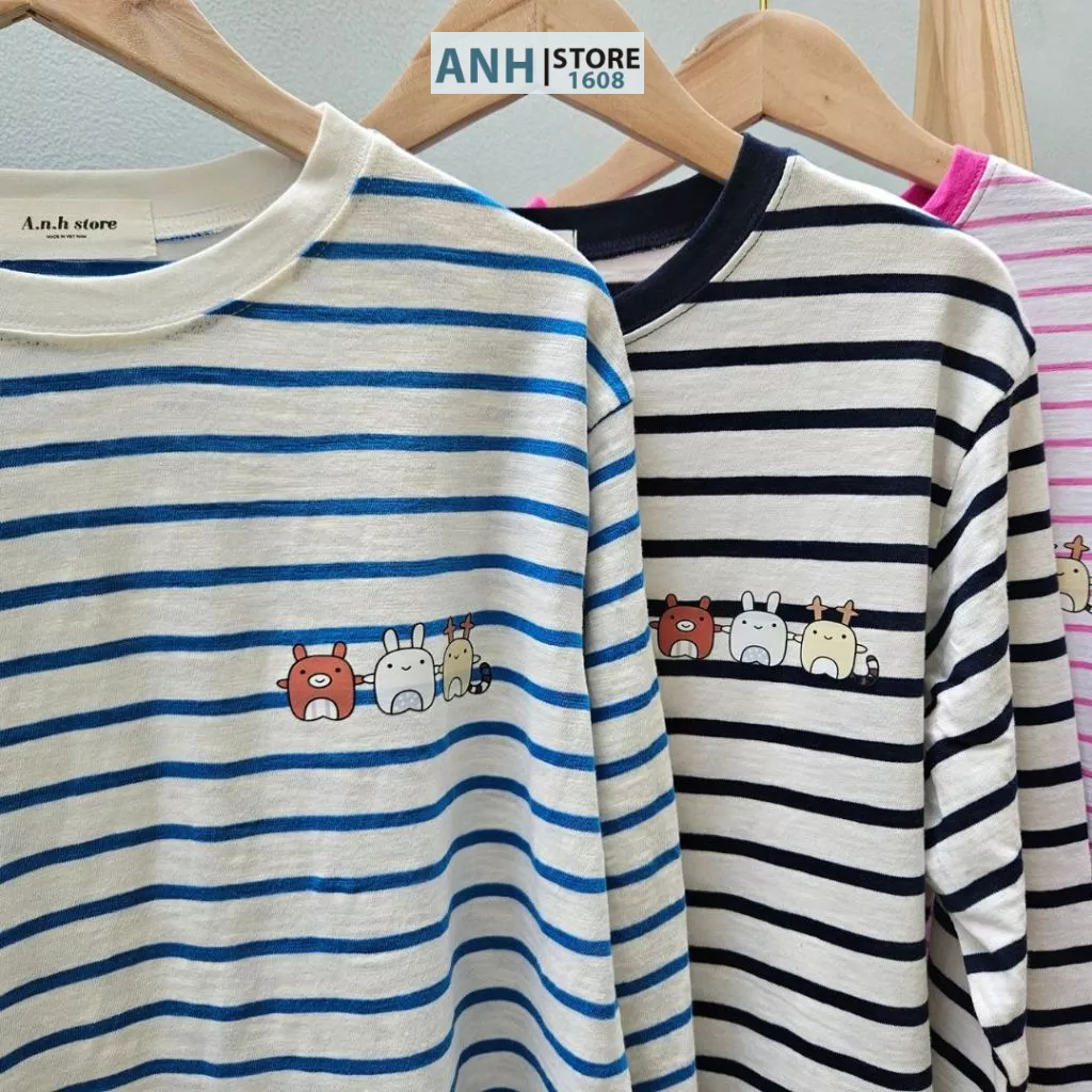 Áo thun Soc in hình dài tay nữ phối màu cổ phom rộng vải thun xược cotton  ANHSTORE, Áo thun sọc dài tay nữ in hình cute