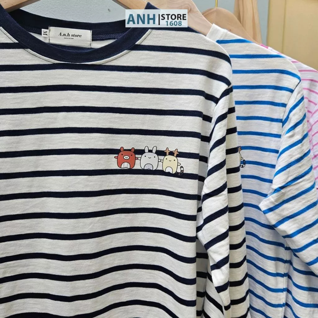 Áo thun Soc in hình dài tay nữ phối màu cổ phom rộng vải thun xược cotton  ANHSTORE, Áo thun sọc dài tay nữ in hình cute