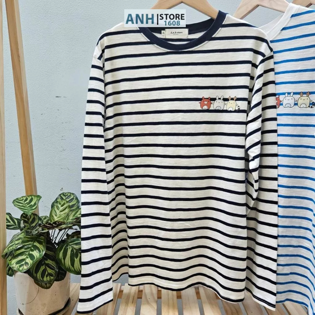 Áo thun Soc in hình dài tay nữ phối màu cổ phom rộng vải thun xược cotton  ANHSTORE, Áo thun sọc dài tay nữ in hình cute