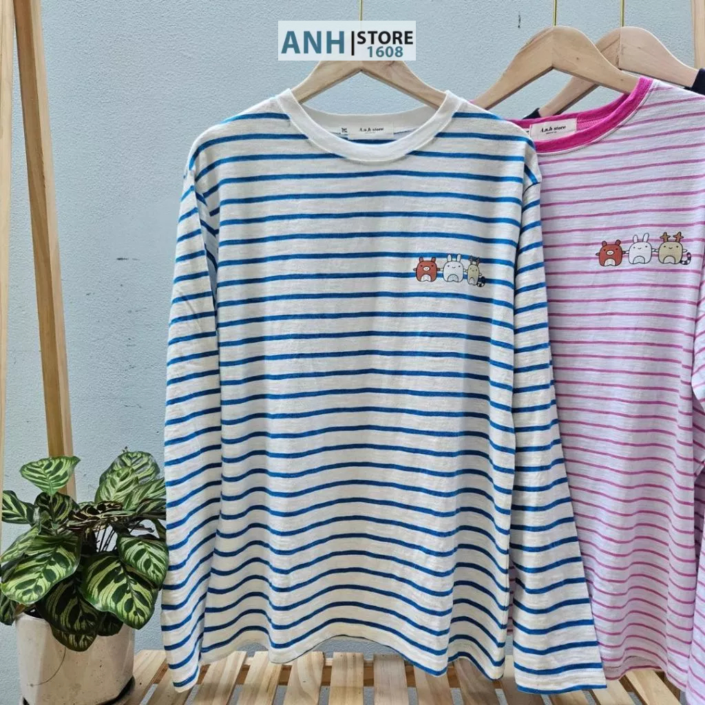 Áo thun Soc in hình dài tay nữ phối màu cổ phom rộng vải thun xược cotton  ANHSTORE, Áo thun sọc dài tay nữ in hình cute