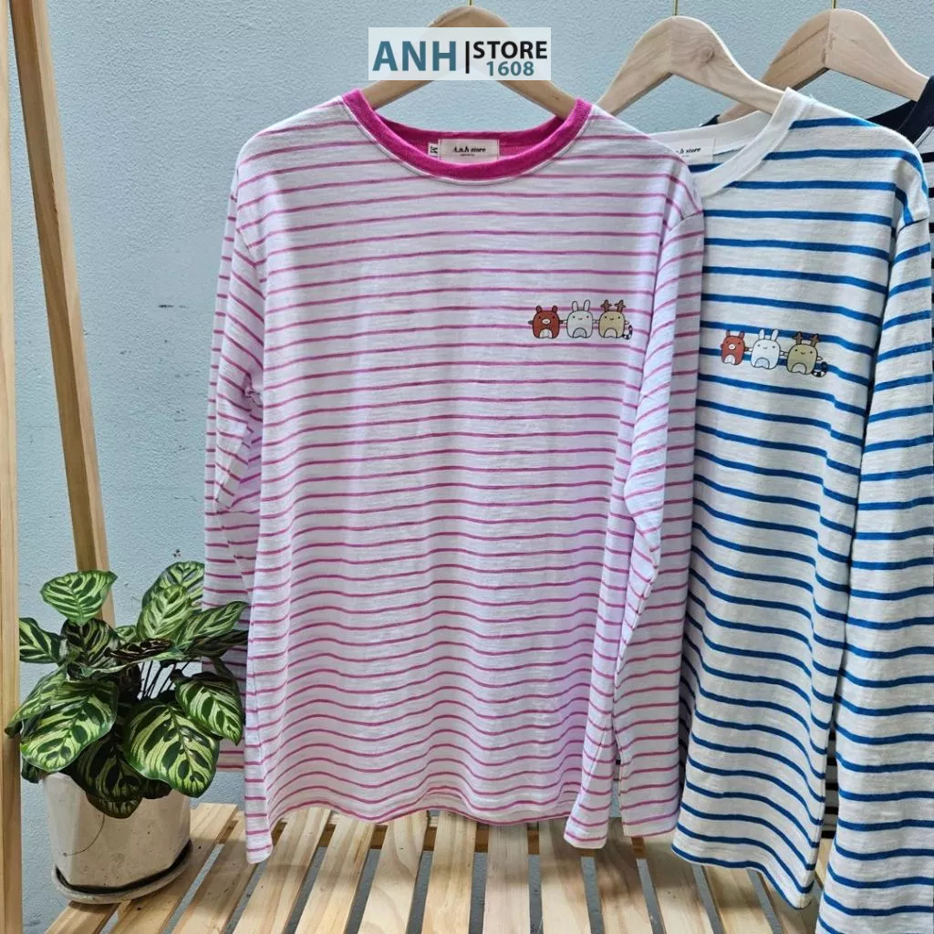 Áo thun Soc in hình dài tay nữ phối màu cổ phom rộng vải thun xược cotton  ANHSTORE, Áo thun sọc dài tay nữ in hình cute