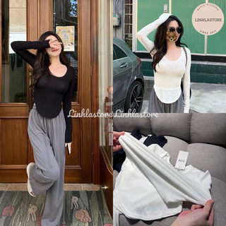 Áo thun zip co giãn vạt bầu dài tay linhla ulzzang thu đông (kèm ảnh thật +video)