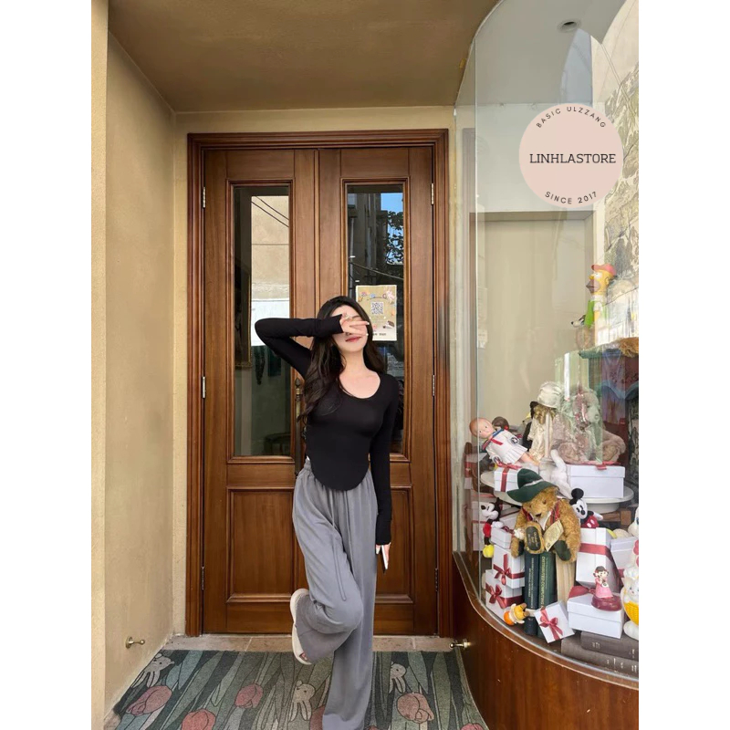 Áo thun zip co giãn vạt bầu dài tay linhla ulzzang thu đông