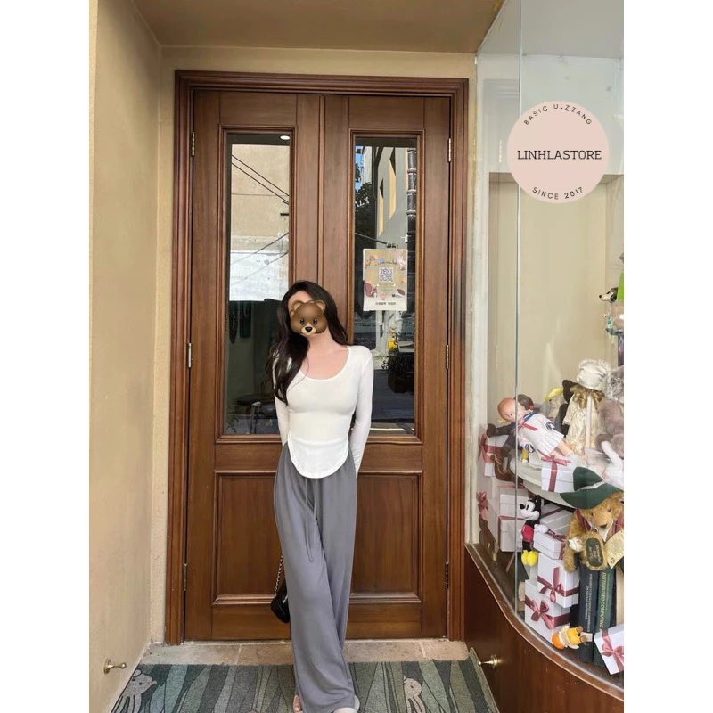 Áo thun zip co giãn vạt bầu dài tay linhla ulzzang thu đông