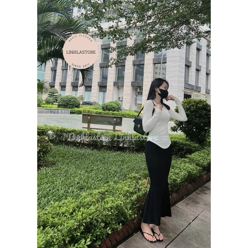 Áo thun zip co giãn vạt bầu dài tay linhla ulzzang thu đông