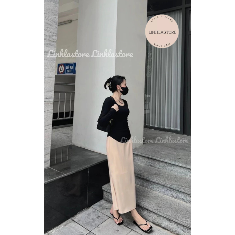 Áo thun zip co giãn vạt bầu dài tay linhla ulzzang thu đông