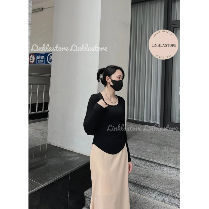 Áo thun zip co giãn vạt bầu dài tay linhla ulzzang thu đông