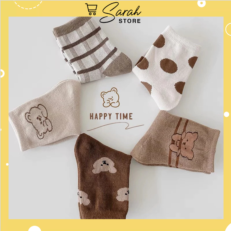 Set 5 đôi tất cotton gấu cam bi bé trai , gái sợi bông mềm mại thoáng khi khử mùi te12