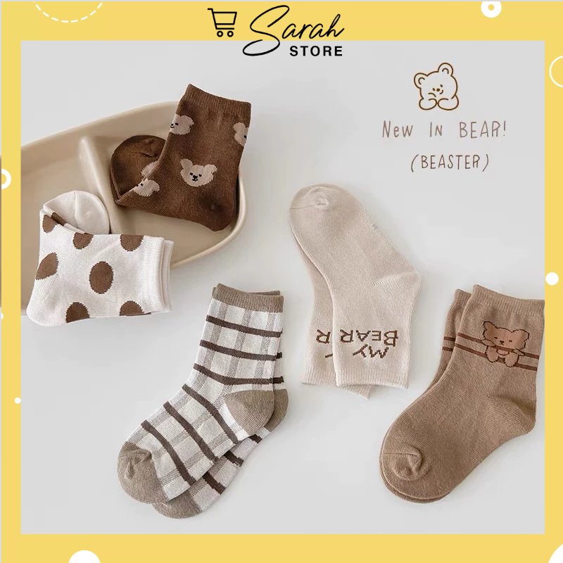Set 5 đôi tất cotton gấu cam bi bé trai , gái sợi bông mềm mại thoáng khi khử mùi te12