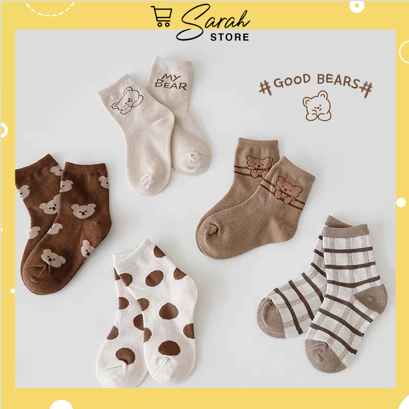 Set 5 đôi tất cotton gấu cam bi bé trai , gái sợi bông mềm mại thoáng khi khử mùi te12