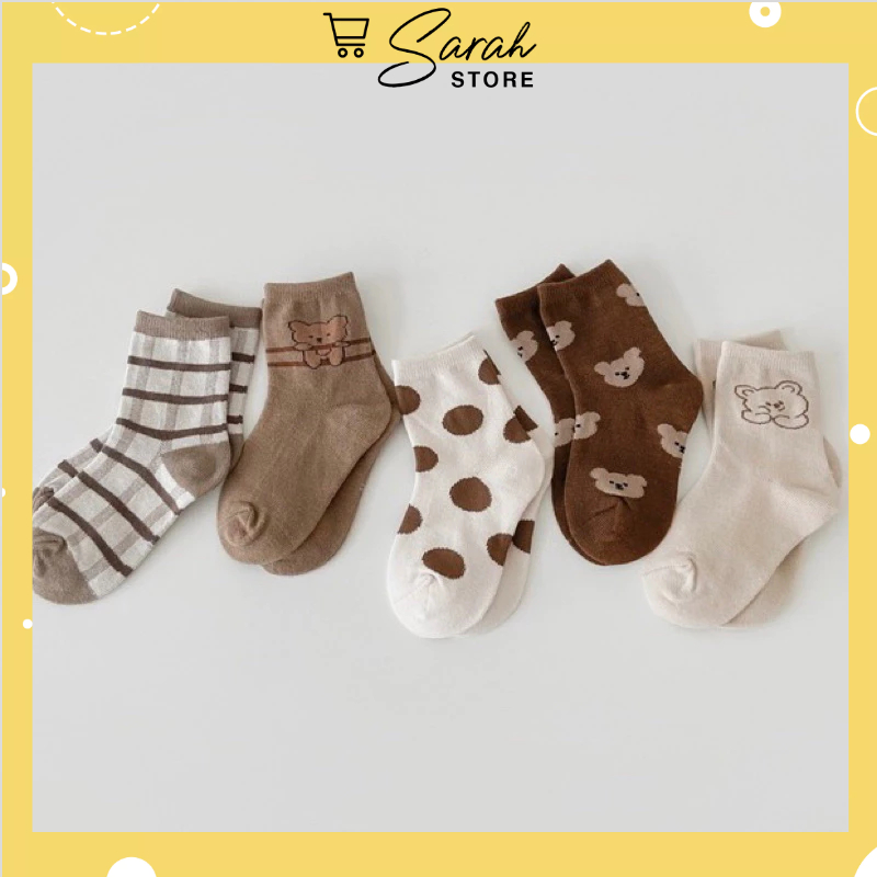 Set 5 đôi tất cotton gấu cam bi bé trai , gái sợi bông mềm mại thoáng khi khử mùi te12