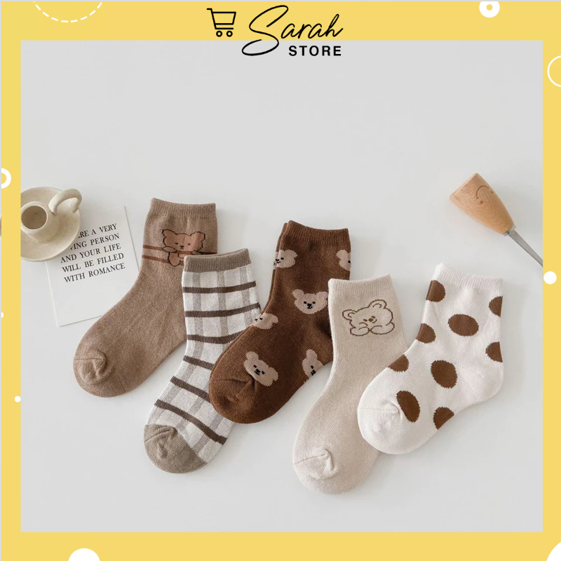Set 5 đôi tất cotton gấu cam bi bé trai , gái sợi bông mềm mại thoáng khi khử mùi te12