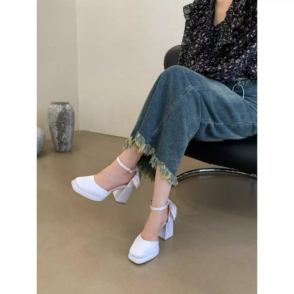 Giày cao gót Maryjane đế vuông 9p mũi vuông bít hậu  phong cách hàn quốc nơ lụa da mờ Mihtuyetshoes