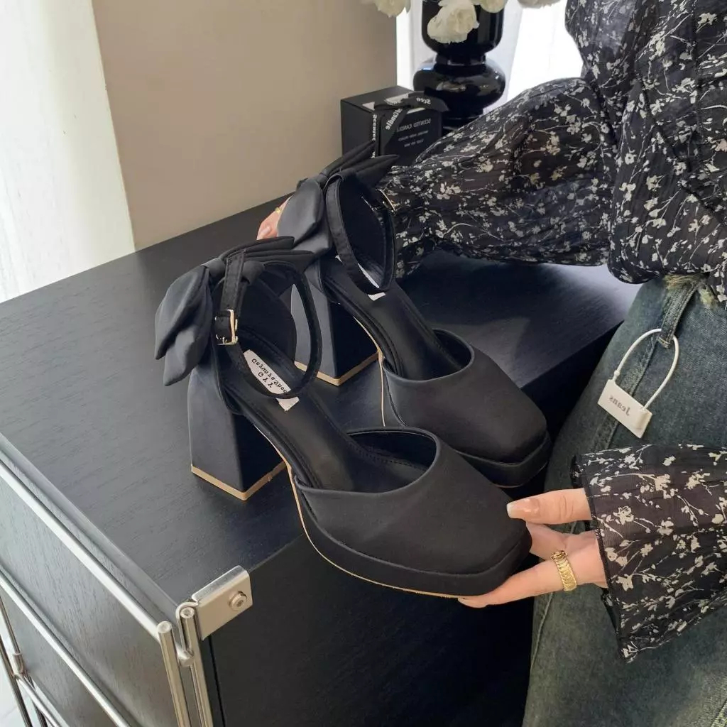 Giày cao gót Maryjane đế vuông 9p mũi vuông bít hậu  phong cách hàn quốc nơ lụa da mờ Mihtuyetshoes