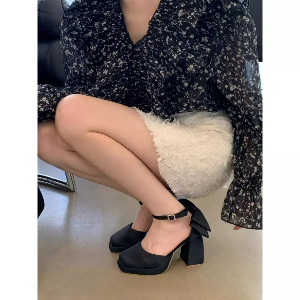 Giày cao gót Maryjane đế vuông 9p mũi vuông bít hậu  phong cách hàn quốc nơ lụa da mờ Mihtuyetshoes