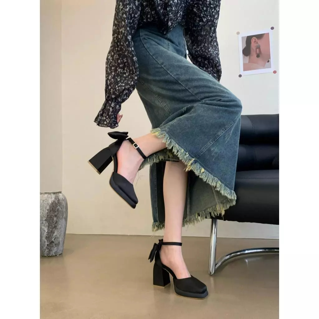 Giày cao gót Maryjane đế vuông 9p mũi vuông bít hậu  phong cách hàn quốc nơ lụa da mờ Mihtuyetshoes