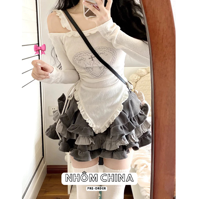 Set đồ nữ 2023 mới phong cách mùa thu áo dài tay thun tăm trễ vai mix chân váy ngắn váy dáng xoè bánh bèo eo ca