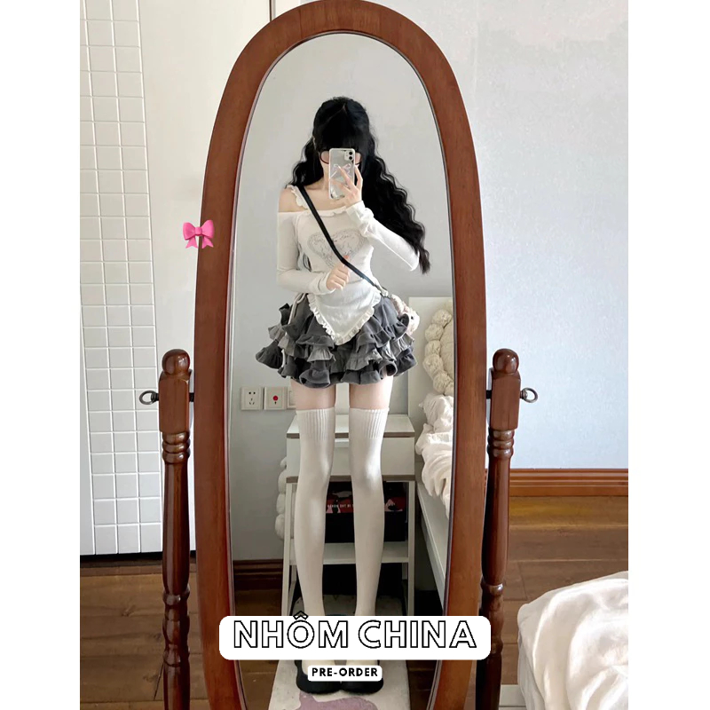 Set đồ nữ 2023 mới phong cách mùa thu áo dài tay thun tăm trễ vai mix chân váy ngắn váy dáng xoè bánh bèo eo ca