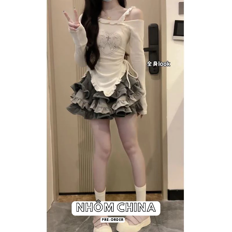 Set đồ nữ 2023 mới phong cách mùa thu áo dài tay thun tăm trễ vai mix chân váy ngắn váy dáng xoè bánh bèo eo ca