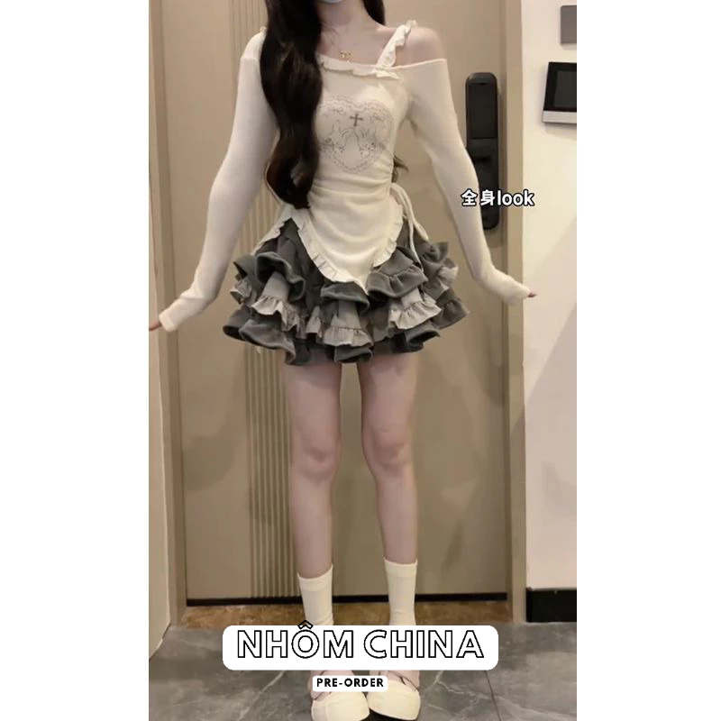 Set đồ nữ 2023 mới phong cách mùa thu áo dài tay thun tăm trễ vai mix chân váy ngắn váy dáng xoè bánh bèo eo ca