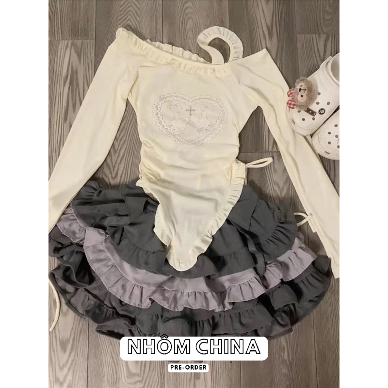 Set đồ nữ 2023 mới phong cách mùa thu áo dài tay thun tăm trễ vai mix chân váy ngắn váy dáng xoè bánh bèo eo ca