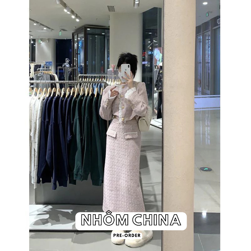 Set hai mảnh áo khoác croptop màu hồng+ chân váy dáng dài vải dạ tweed liểu dáng tiểu thư cho nữ
