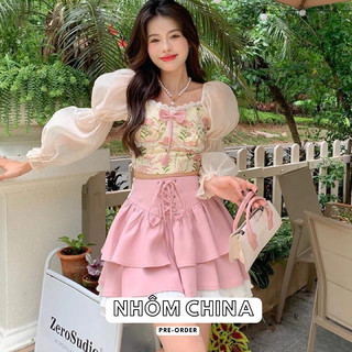 Set 2 món áo tay voan cổ vuông mix chân váy xếp ly dáng xòe kiểu dáng tiểu thư ngọt ngào dễ thương cho nữ