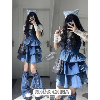 (Pre-order) Set Váy 3 Món Yếm Denim Dáng Ngắn Tay Phồng Họa Tiết Ngôi Sao Phong Cách Đường Phố Cho Nữ2023