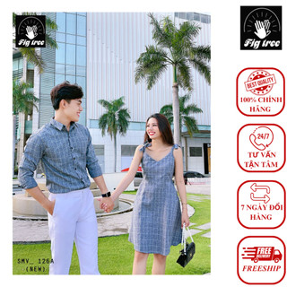 Set sơ mi váy yếm đôi figtree caro xám siêu dễ thương cho couple mã 126a