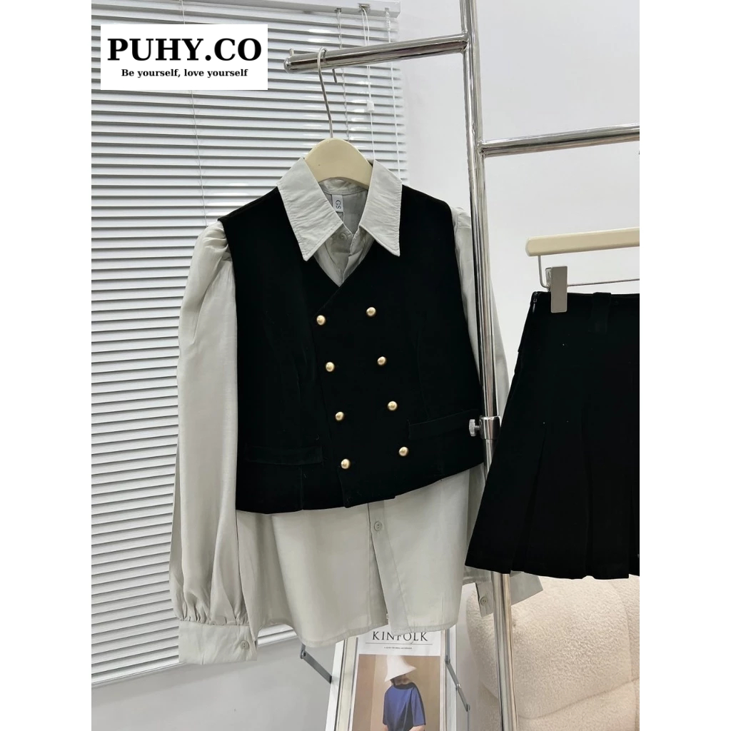 SET 3 chi tiết áo sơ mi tơ gile mix chân váy-ảnh thật