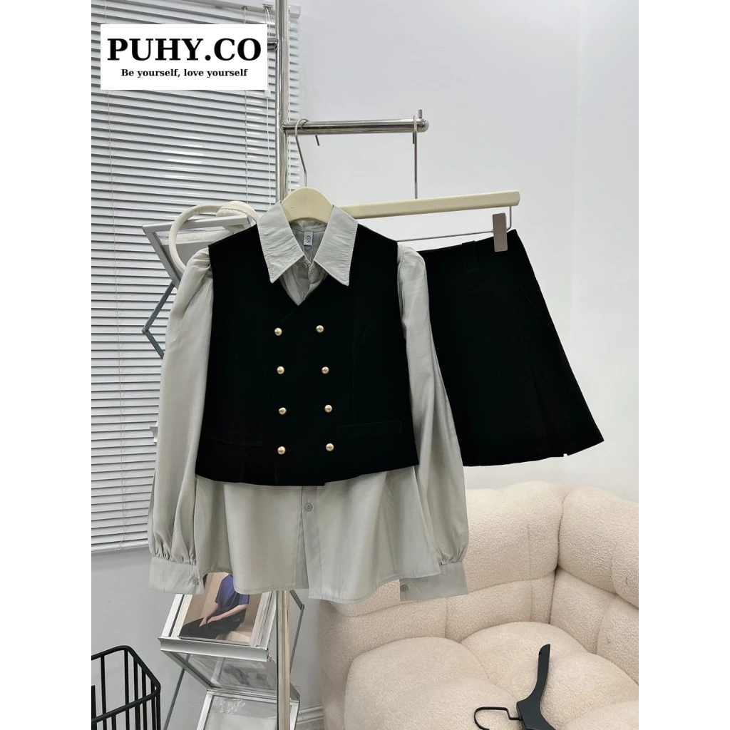 SET 3 chi tiết áo sơ mi tơ gile mix chân váy-ảnh thật