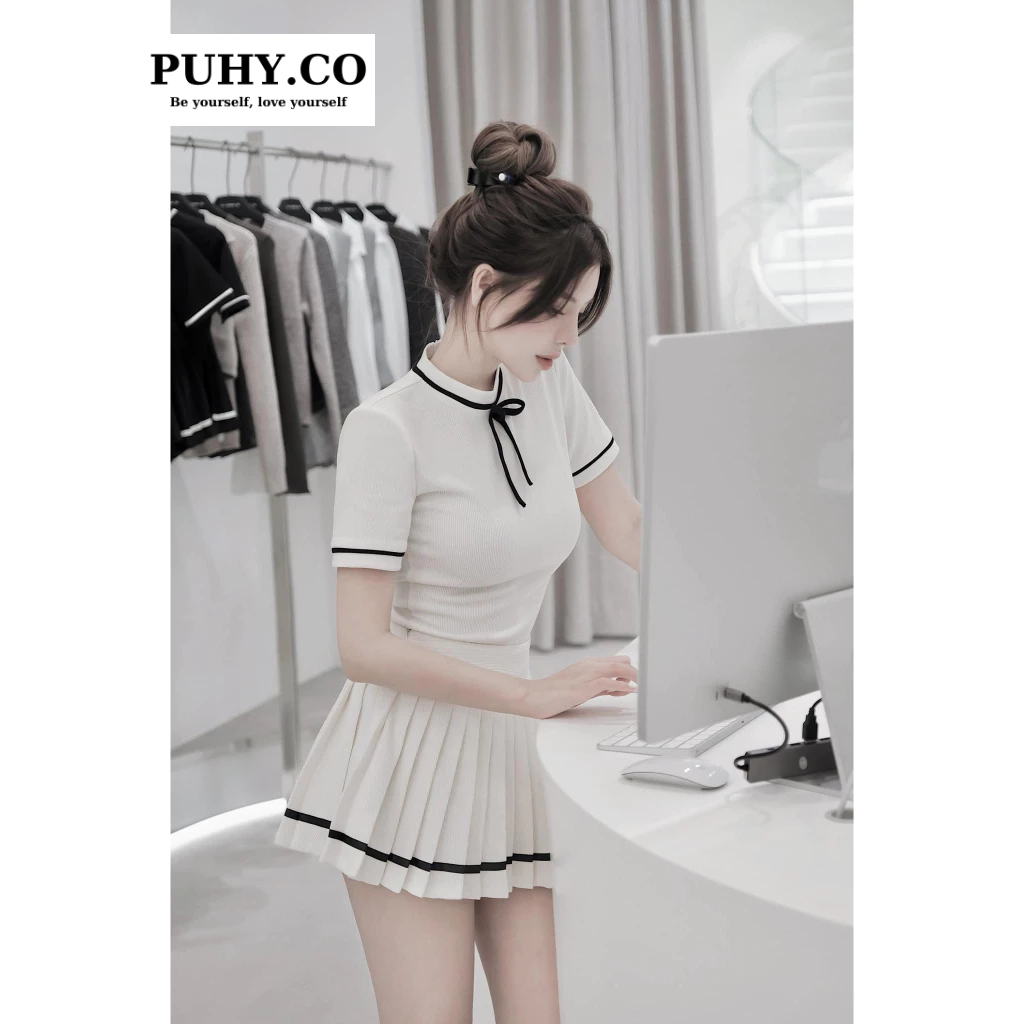 Set len tăm thắt nơ mix chân váy xếp ly-ảnh thật