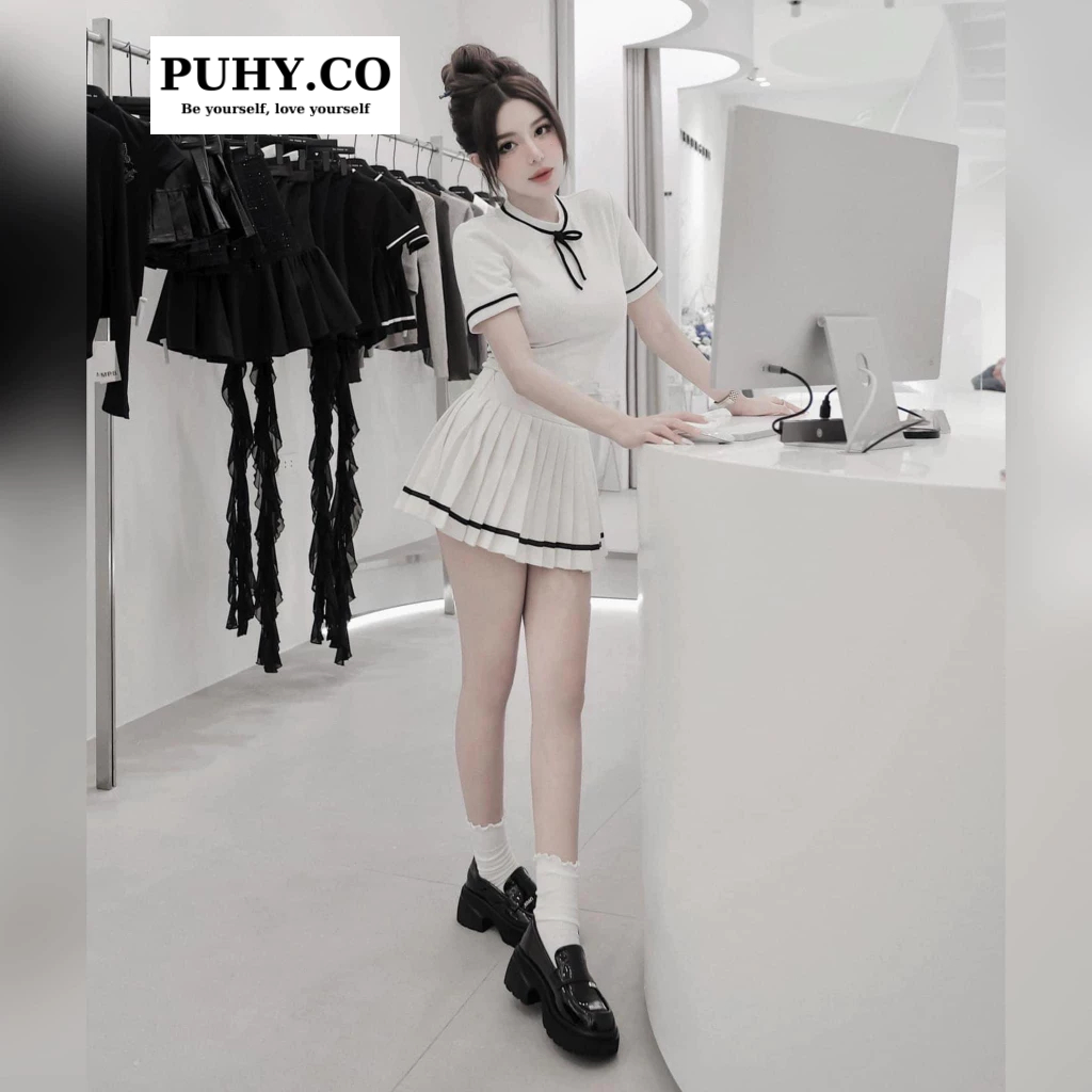 Set len tăm thắt nơ mix chân váy xếp ly-ảnh thật