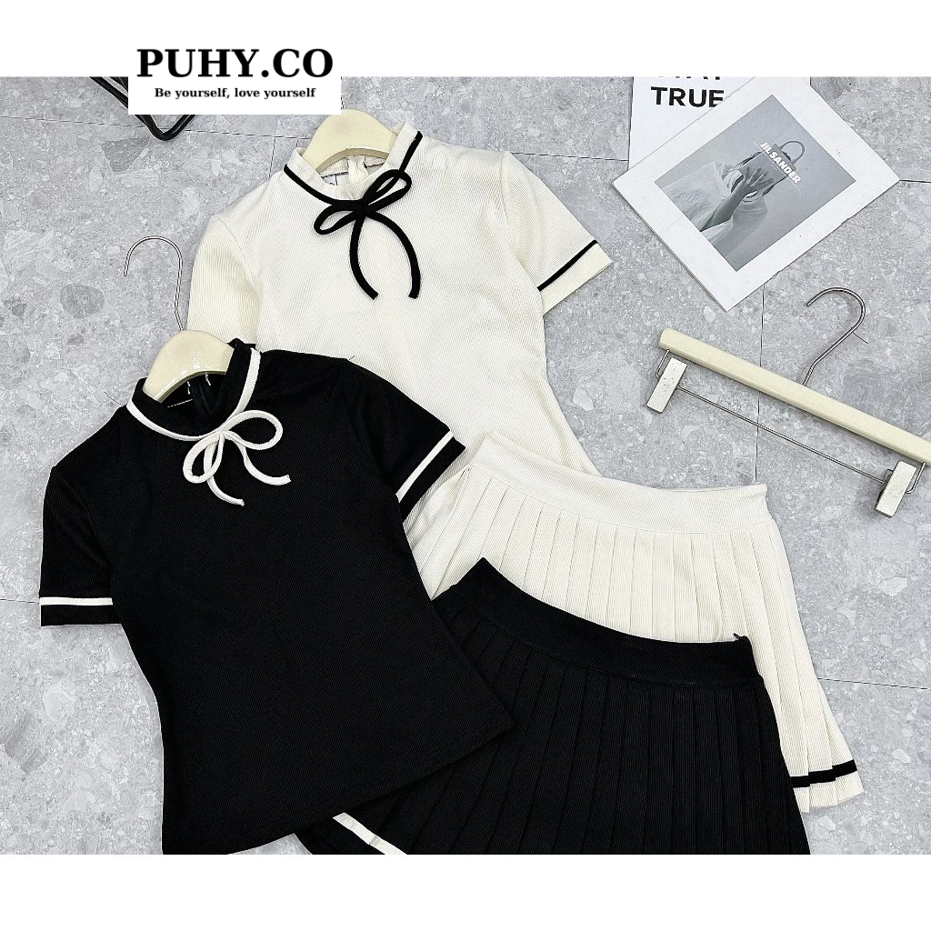 Set len tăm thắt nơ mix chân váy xếp ly-ảnh thật