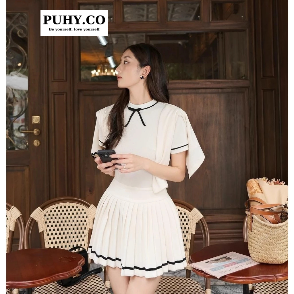 Set len tăm thắt nơ mix chân váy xếp ly-ảnh thật