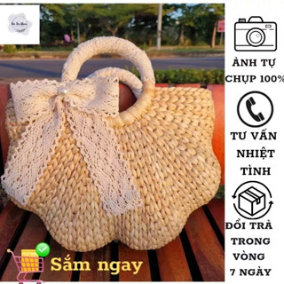  Túi cói lục bình handmade có lót vải và khóa kéo vintage chụp hình đi biển đi du lịch có lót 