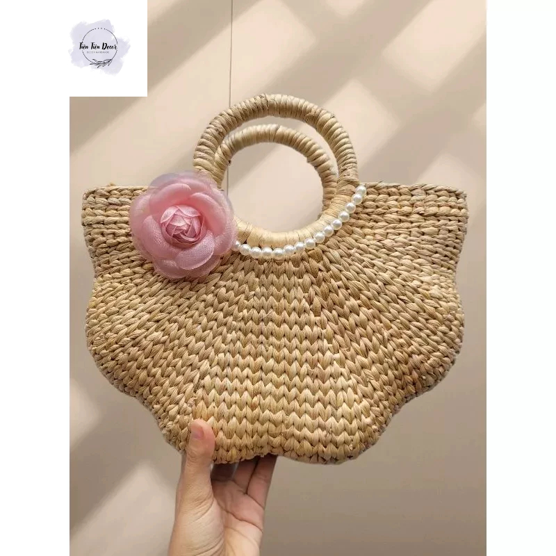 Kho sỉ túi cói lục bình có lót và khóa kéo vintage chụp hình đi biển đi du lịch có lót