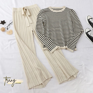 Set bộ mặc nhà thu đông dài tay nữ len mỏng họa tiết kẻ - 2 màu đen kem