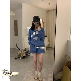 Set bộ thể thao nỉ áo tay dài quần sooc màu xanh - bộ nỉ áo cổ tròn tay dài in chữ + quần đùi có dây rút