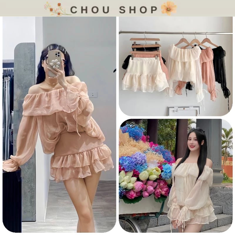 Sét Váy Trễ Vai Von Mềm Ulzzang Nhiều Màu Gồm Áo Trễ Vai + Chân Váy