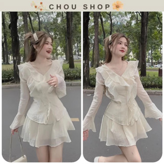 Sét Váy Đũi Gân Áo Bèo Tay Dài Cúc Ngọc + Chân Váy Xòe