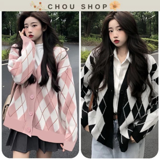 Áo Khoác Cardigan Nỉ Bông Caro Trám 2 Màu Hồng Đen