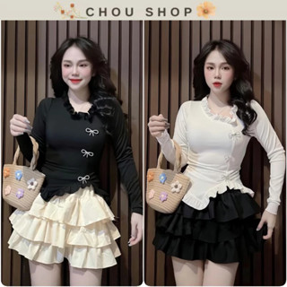 Sét Váy Áo Thun Tăm Dài Tay Gắn 3 Ghim Đá + Chân Váy 3 Tầng