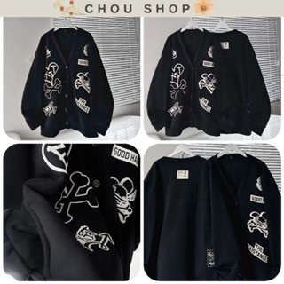 Áo Khoác Cardigan Nỉ Bông Chữ Good Habit Màu Đen Form Rộng