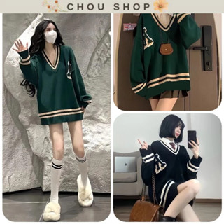 Áo Sweater Nỉ Cổ V Bo Viền Chữ R 2 Màu Xanh Đen
